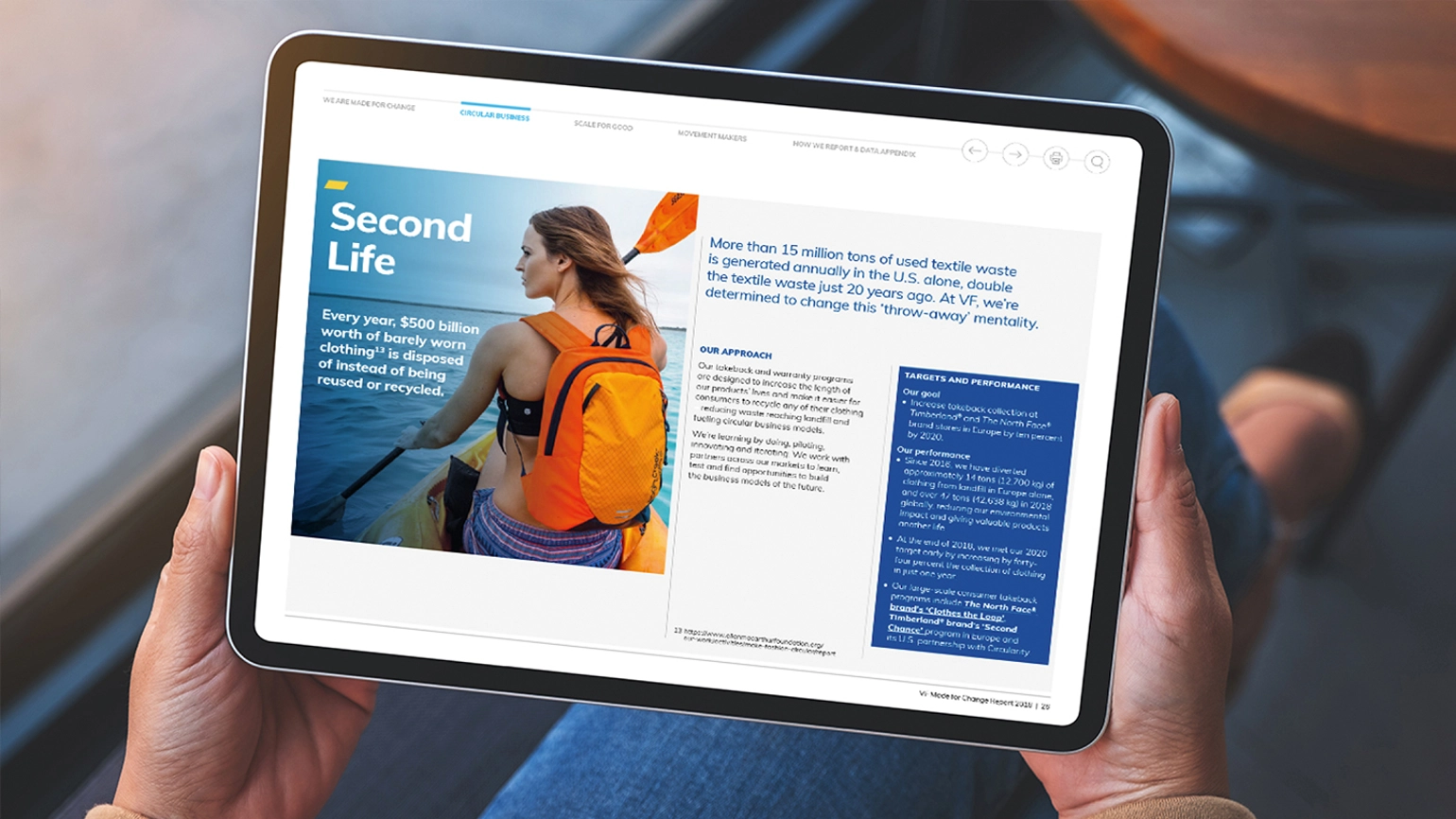 The display of VF sustainability report on a tablet device