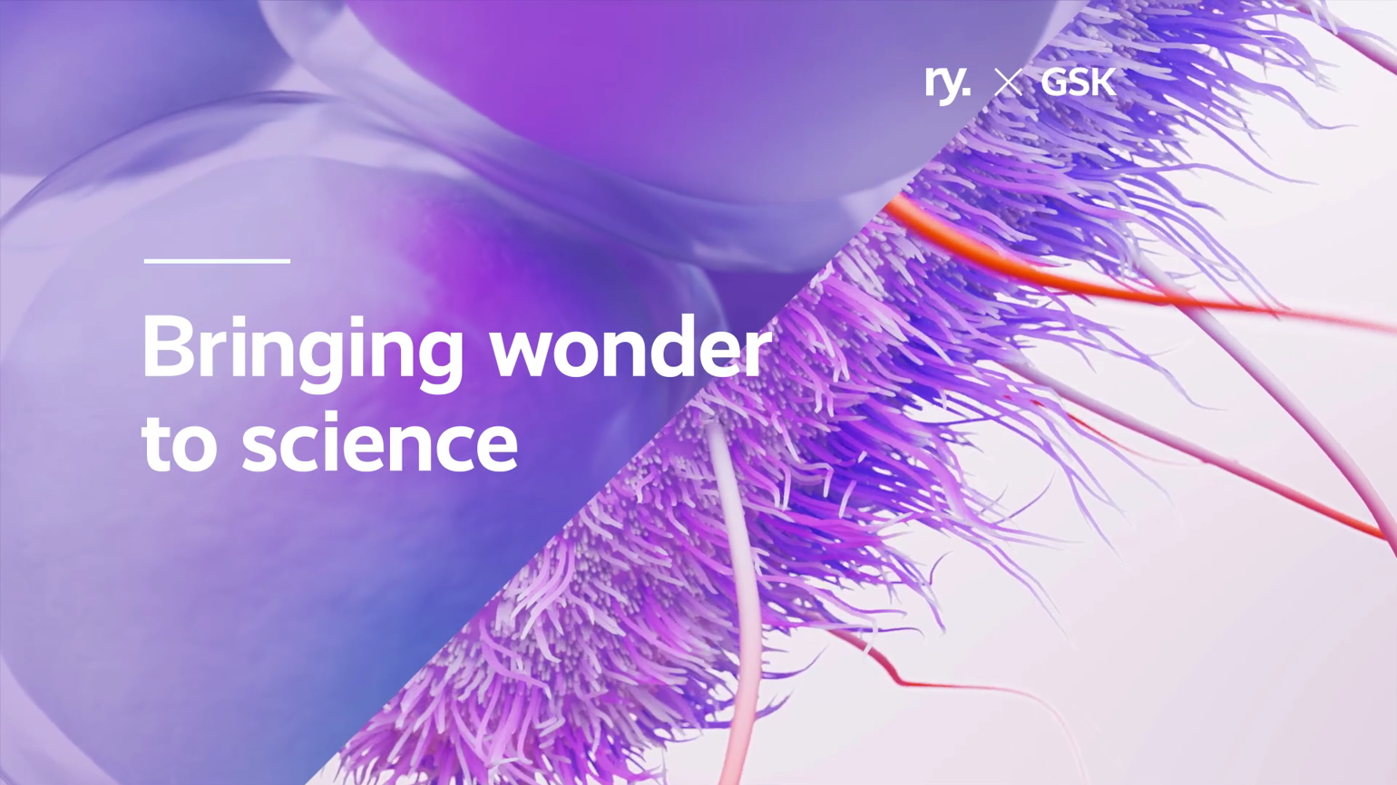 The text reading 'Bringing wonder to science' sits on purple background made of purple cells that represents GSK x ry